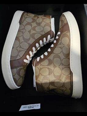 COACH Signature High Top Sneakers in Brown Logo Canvas